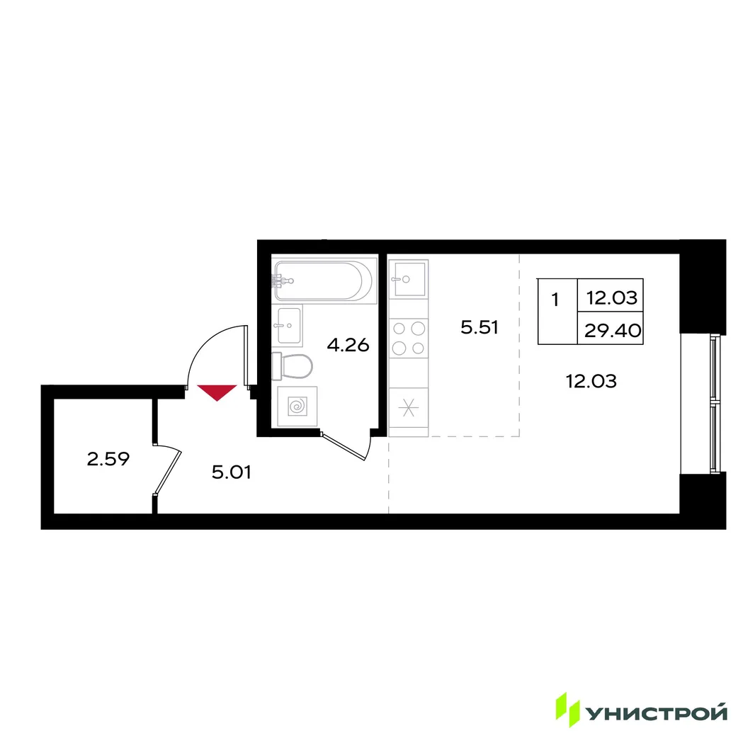 Планировка 1-комн. квартира, 29.4 м² ЖК «Уникум на Энгельса»