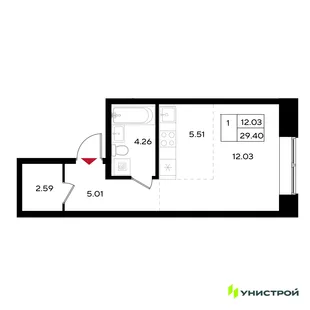 Планировка 1-комн. квартира, 29.4 м² ЖК «Уникум на Энгельса»