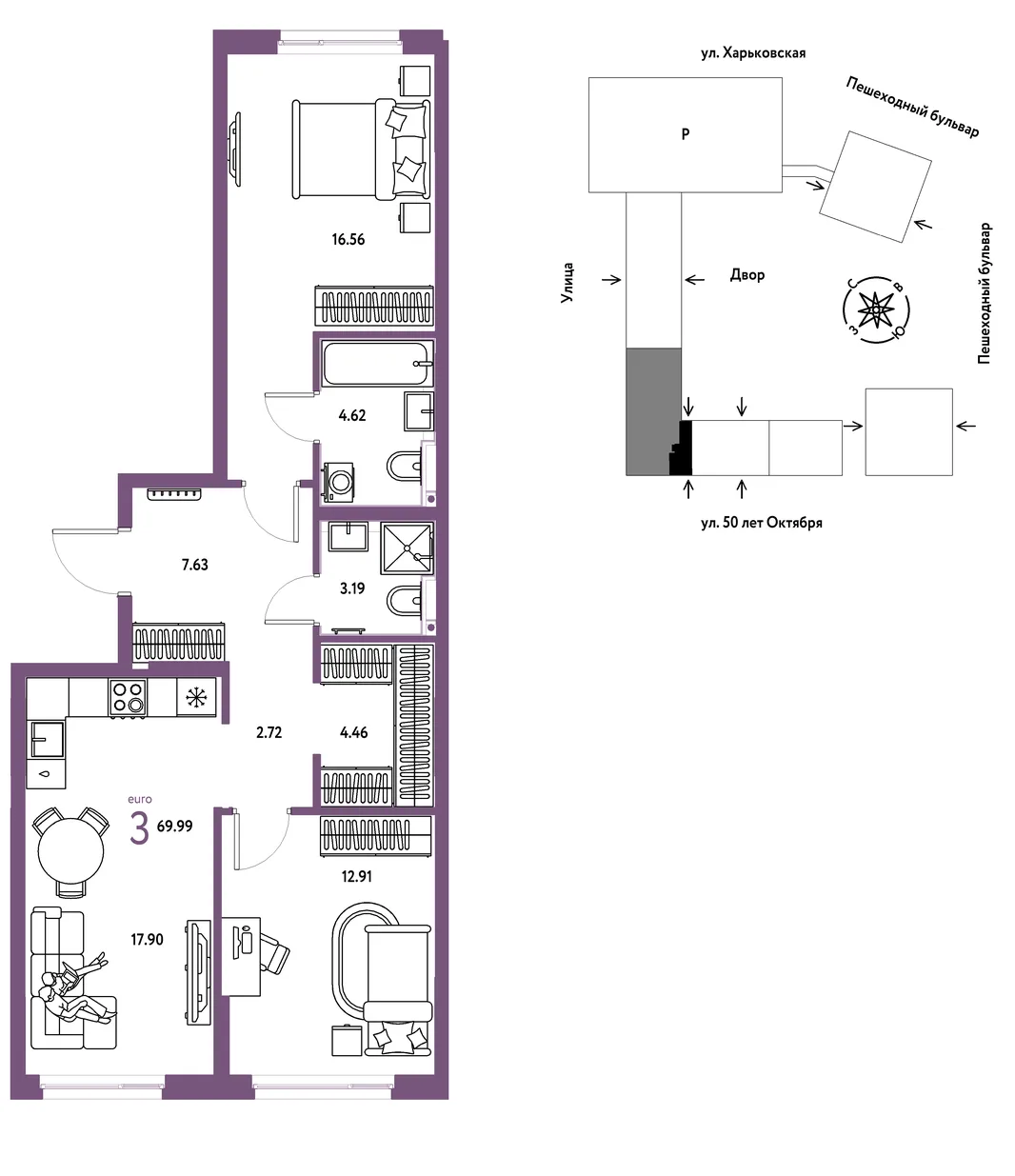 Планировка 3-комн. квартира, 69.99 м² ЖК «Сердце Сибири»