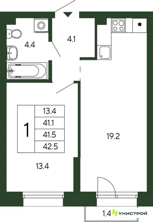Планировка 1-комн. квартира, 41.5 м² ЖК «Парковый квартал 2.0»