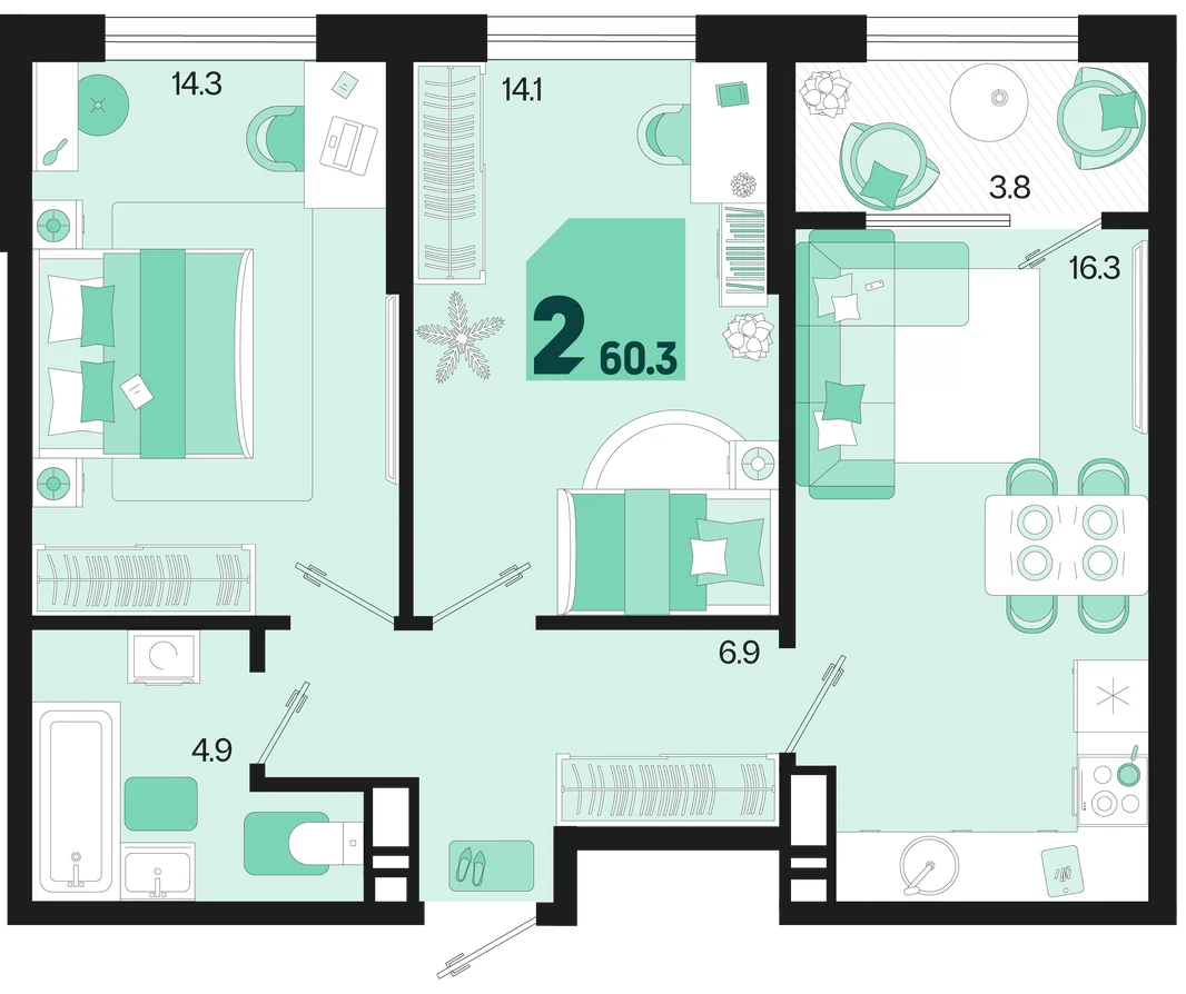 Планировка 2-комн. квартира, 60.3 м² ЖК «Первое место»