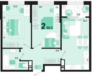 Планировка 2-комн. квартира, 60.3 м² ЖК «Первое место»