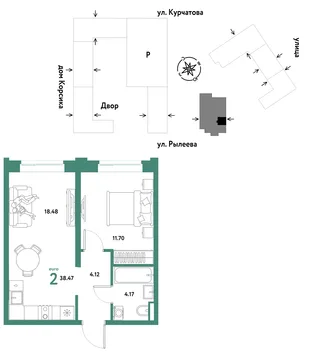 Планировка 2-комн. квартира, 38.47 м² ЖК «Остров-сад»