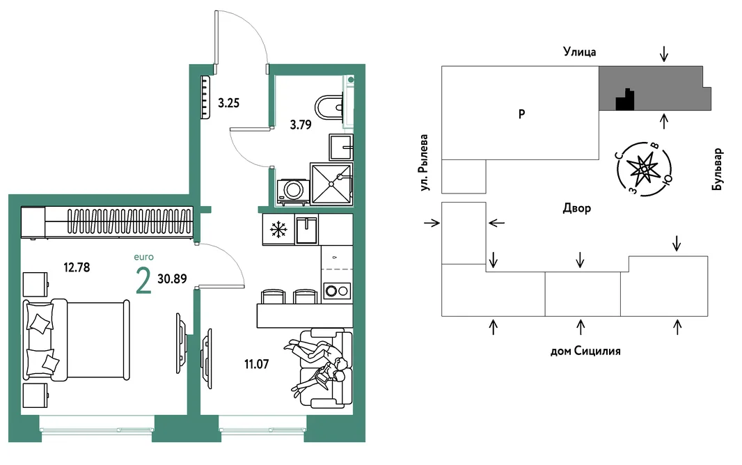 Планировка 2-комн. квартира, 30.89 м² ЖК «Остров-сад»