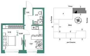 Планировка 2-комн. квартира, 30.89 м² ЖК «Остров-сад»
