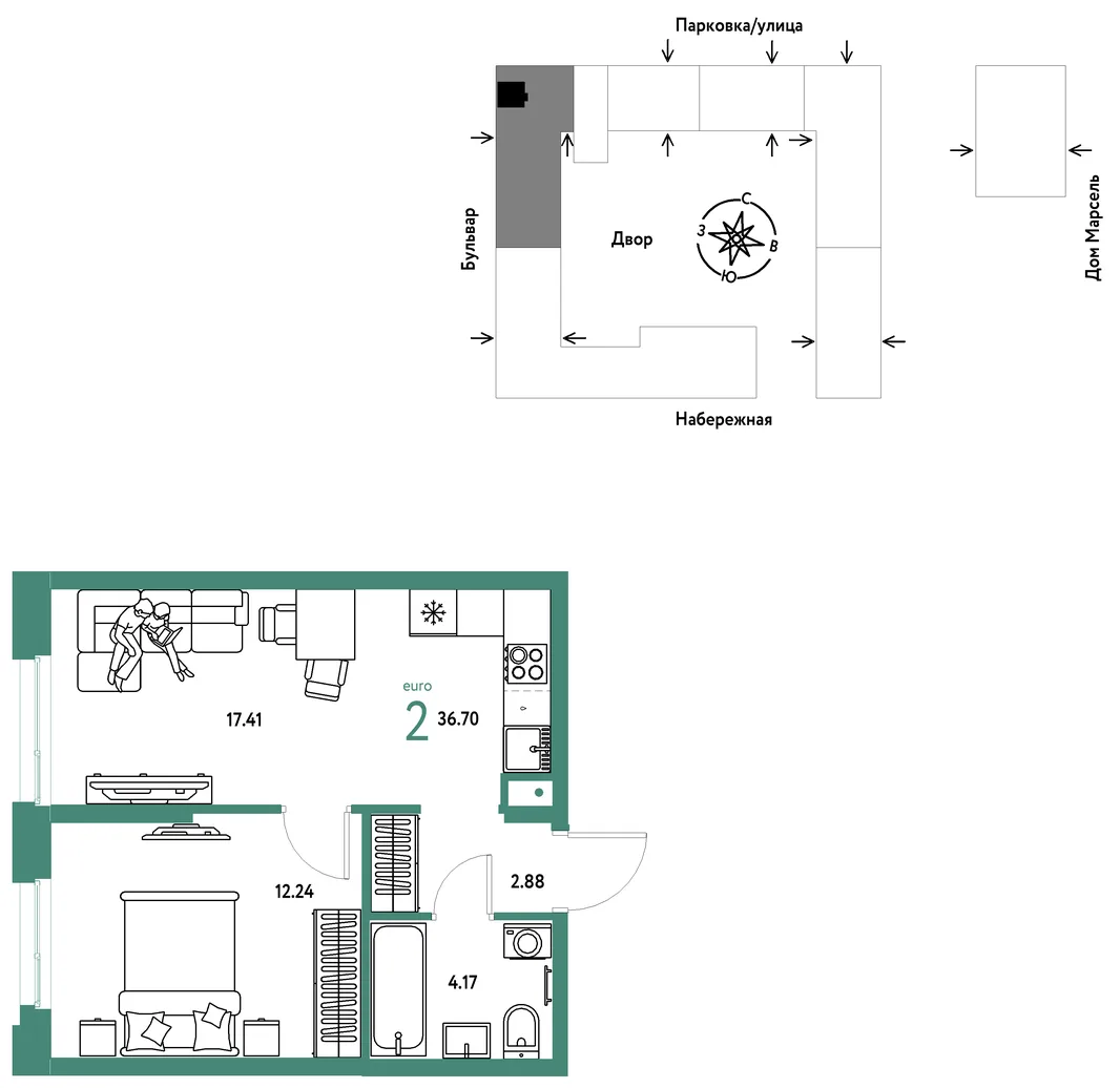 Планировка 2-комн. квартира, 36.7 м² ЖК «Европейский берег 2.0»