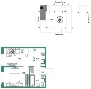 Планировка 2-комн. квартира, 36.7 м² ЖК «Европейский берег 2.0»