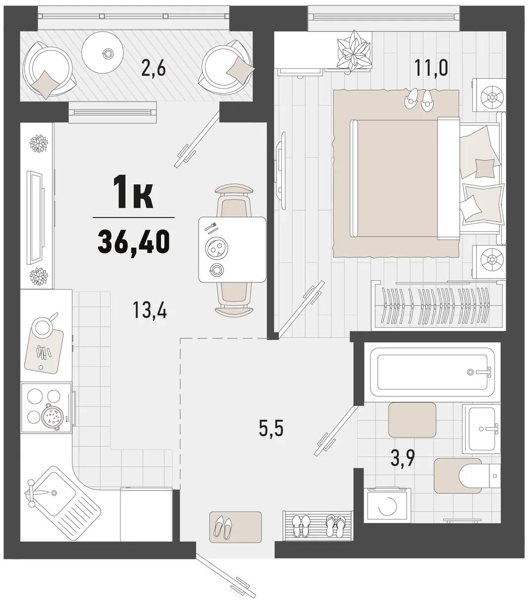 Планировка 1-комн. квартира, 36.4 м² ЖК «Барса»