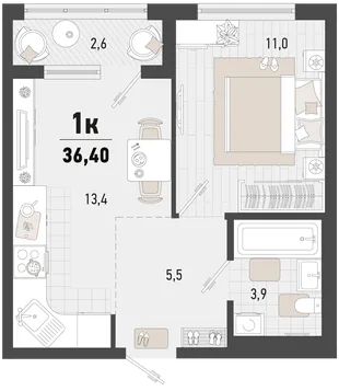 Планировка 1-комн. квартира, 36.4 м² ЖК «Барса»