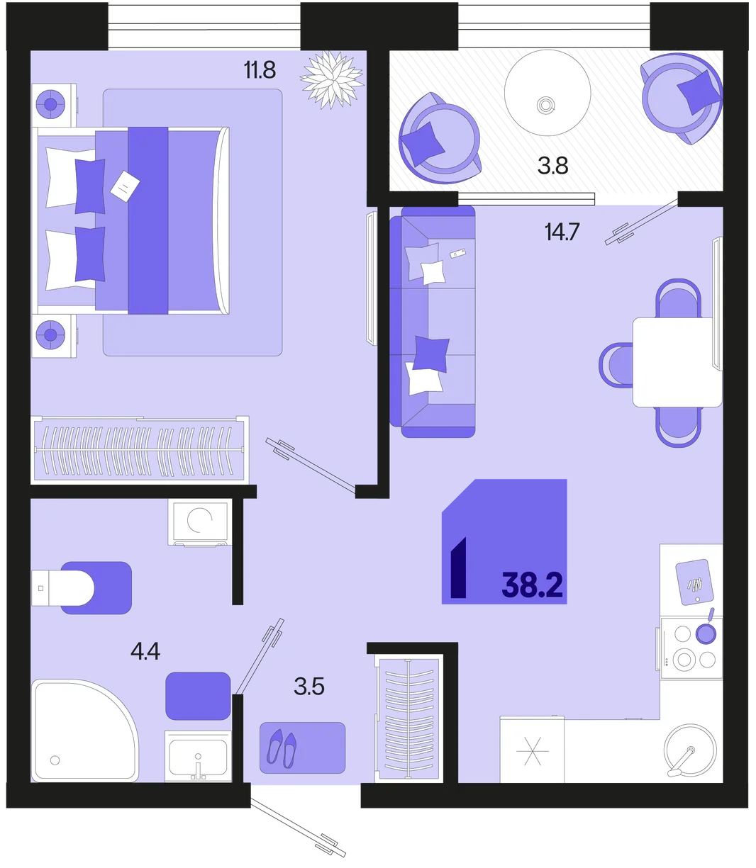 Планировка 1-комн. квартира, 38.2 м² ЖК «Первое место»