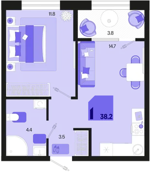 Планировка 1-комн. квартира, 38.2 м² ЖК «Первое место»