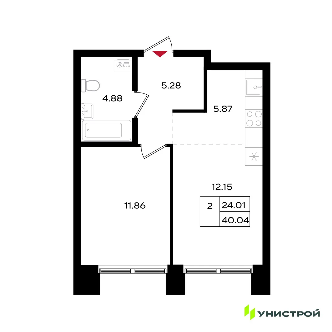 Планировка 2-комн. квартира, 40.04 м² ЖК «Уникум на Энгельса»