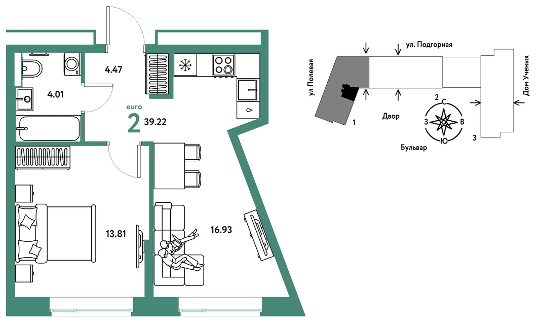 Планировка 2-комн. квартира, 39.31 м² ЖК «Авторский»
