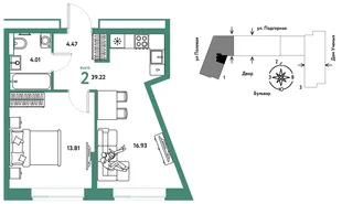 Планировка 2-комн. квартира, 39.31 м² ЖК «Авторский»