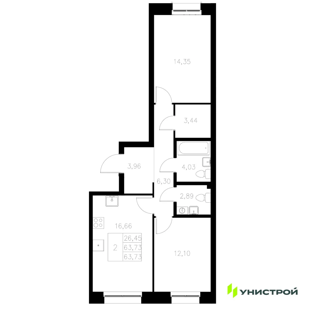 Планировка 2-комн. квартира, 63.73 м² ЖК «Statum»