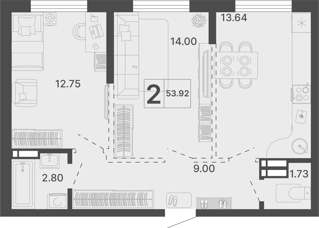 Планировка 2-комн. квартира, 53.92 м² ЖК «Светский лес»