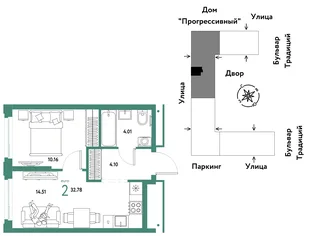 Планировка 2-комн. квартира, 32.78 м² ЖК «Микрорайон Домашний»