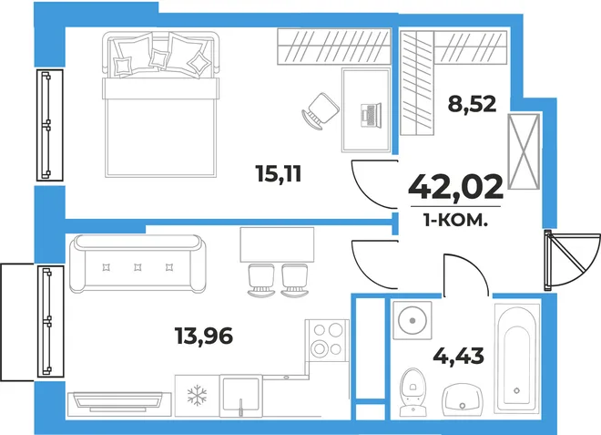 Планировка 1-комн. квартира, 42.02 м² ЖК «На семи холмах» Планировка 1-комн. квартира, 42.02 м² ЖК «На семи холмах»
