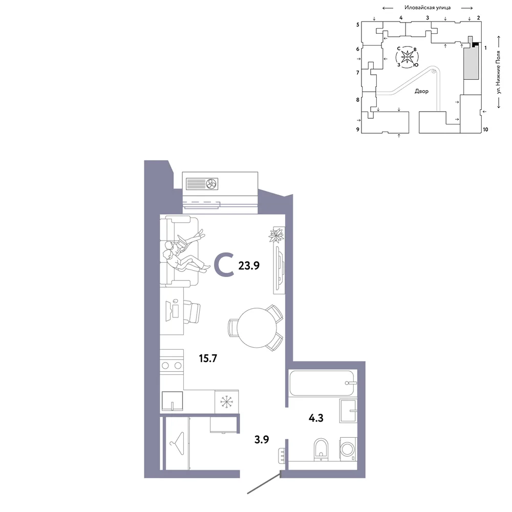 Планировка Студия, 23.9 м² ЖК «Страна.Заречная»
