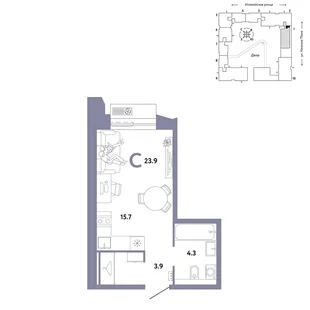 Планировка Студия, 23.9 м² ЖК «Страна.Заречная»