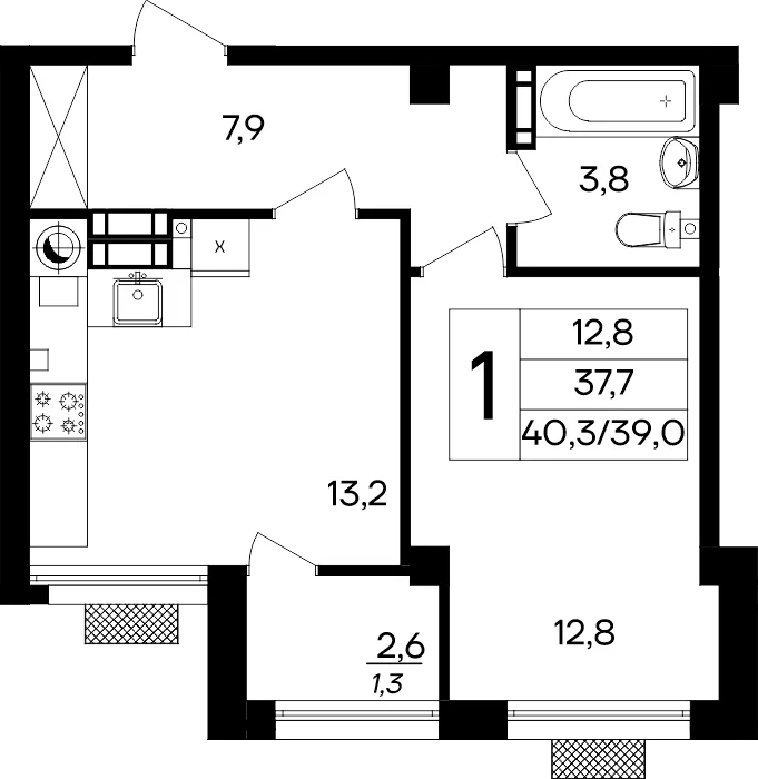 Планировка 1-комн. квартира, 40.3 м² ЖК «Маячная»