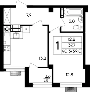 Планировка 1-комн. квартира, 40.3 м² ЖК «Маячная»