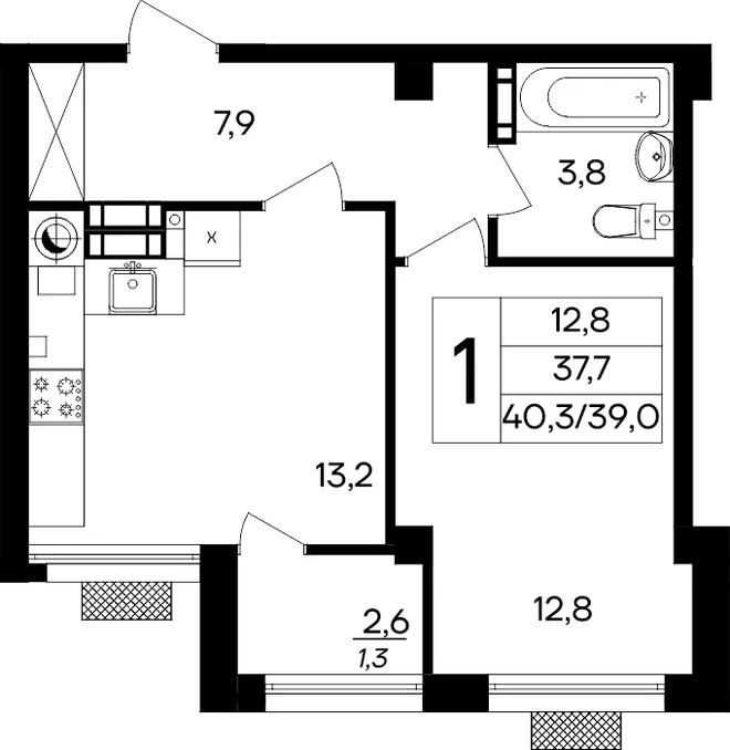 Планировка 1-комн. квартира, 40.3 м² ЖК «Маячная» Планировка 1-комн. квартира, 40.3 м² ЖК «Маячная»