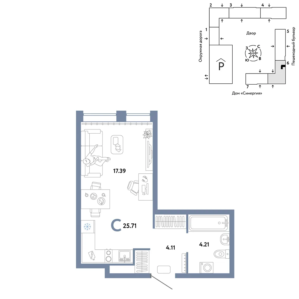 Планировка Студия, 25.71 м² ЖК «Юнион»