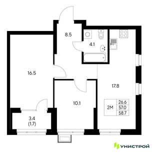 Планировка 2-комн. квартира, 58.7 м² ЖК «Стадиум»