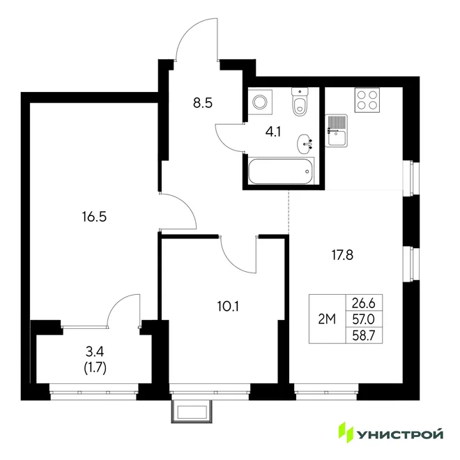 Планировка 2-комн. квартира, 58.7 м² ЖК «Стадиум»