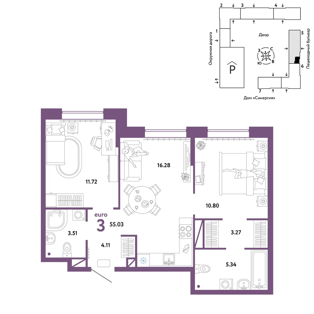 Планировка 3-комн. квартира, 55.03 м² ЖК «Юнион»