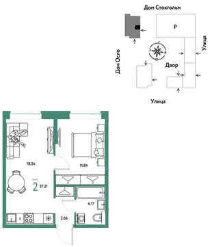 Планировка 2-комн. квартира, 37.21 м² ЖК «Европейский берег 2.0»
