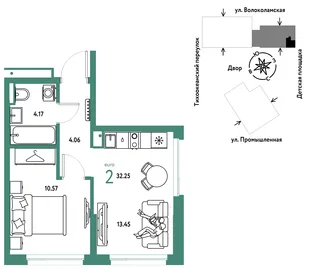 Планировка 1-комн. квартира, 32.25 м² ЖК «Страна Прибрежная»