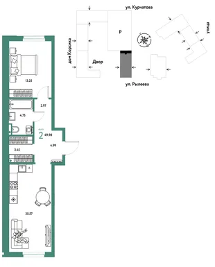 Планировка 2-комн. квартира, 49.97 м² ЖК «Остров-сад»