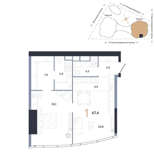 Планировка 1-комн. квартира, 67.4 м² ЖК «АУРУС Резиденции»