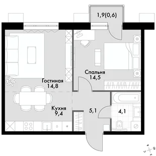 Квартира 2-комн. квартира, 47.7 м² ЖК «Флагман» Фото 1 Квартира 2-комн. квартира, 47.7 м² ЖК «Флагман» Фото 1
