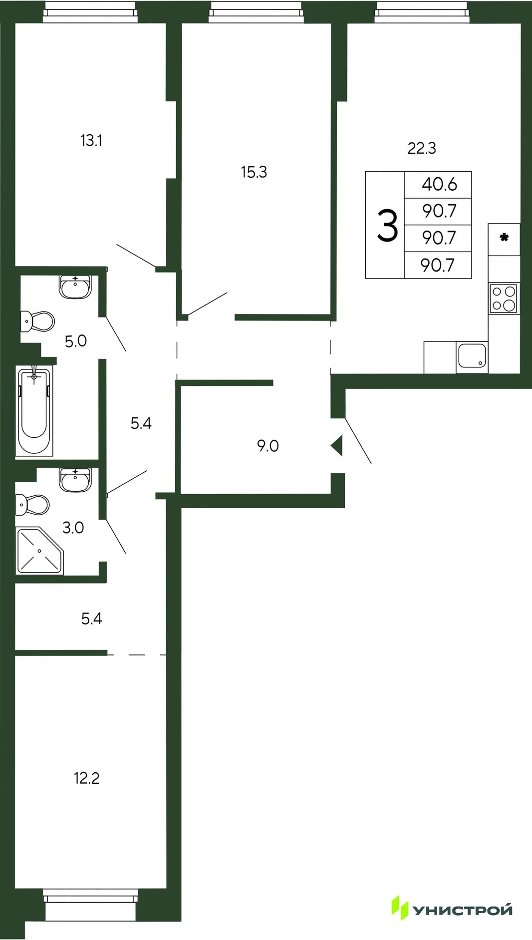 Планировка 3-комн. квартира, 90.7 м² ЖК «Парковый квартал 2.0»