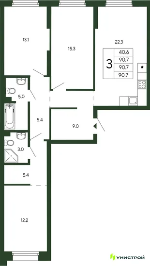 Планировка 3-комн. квартира, 90.7 м² ЖК «Парковый квартал 2.0»