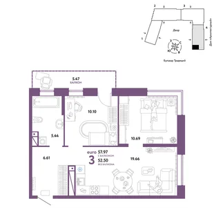 Планировка 3-комн. квартира, 57.97 м² ЖК «Микрорайон Домашний»