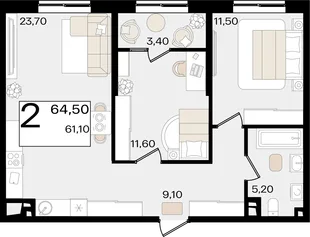 Планировка 2-комн. квартира, 64.5 м² ЖК «Патрики»