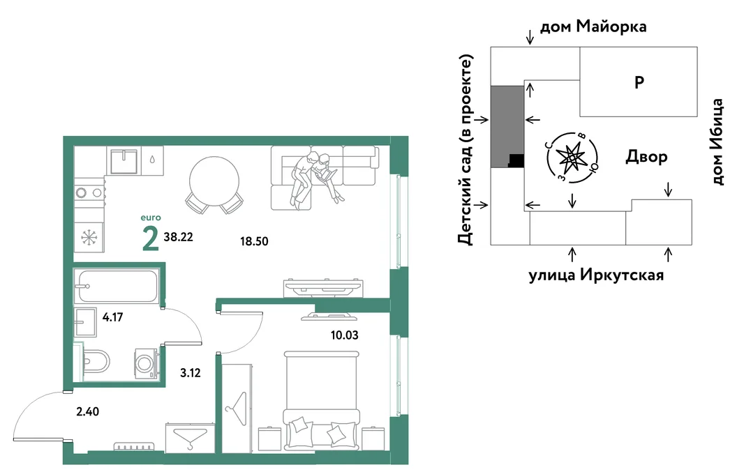 Планировка 2-комн. квартира, 38.22 м² ЖК «Остров-сад»
