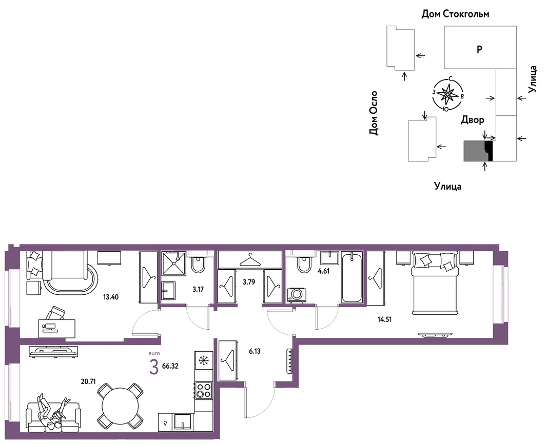 Планировка 3-комн. квартира, 66.32 м² ЖК «Европейский берег 2.0»