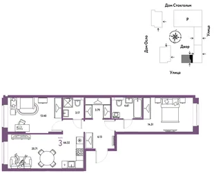 Планировка 3-комн. квартира, 66.32 м² ЖК «Европейский берег 2.0»
