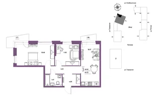 Планировка 3-комн. квартира, 69.92 м² ЖК «Уральский сад»
