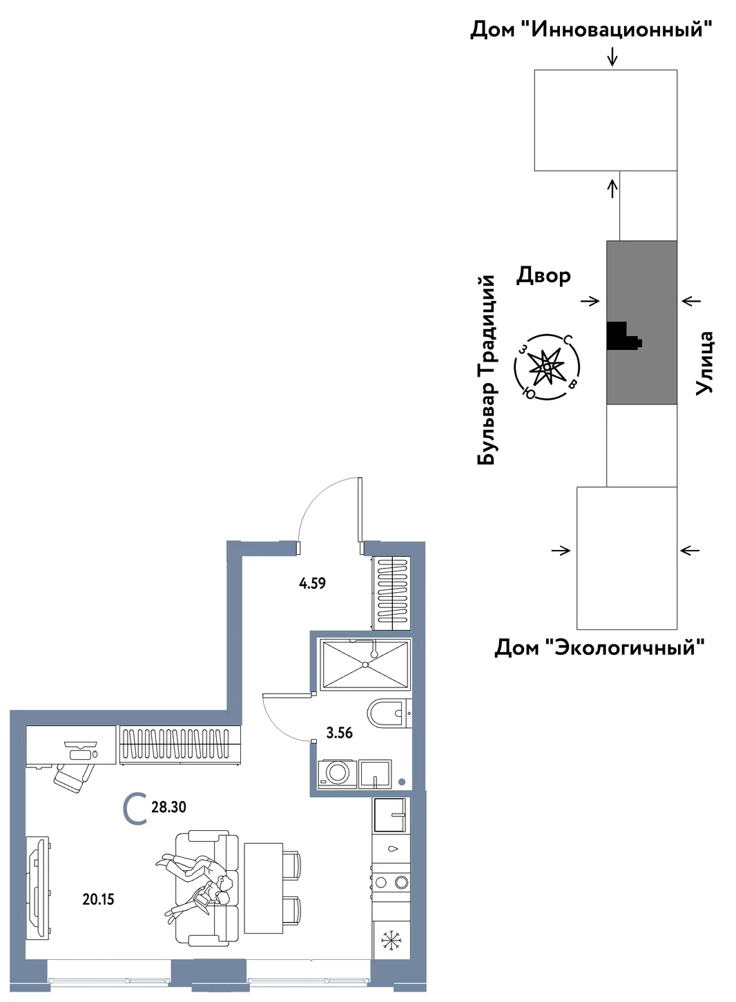 Планировка Студия, 28.3 м² ЖК «Микрорайон Домашний»