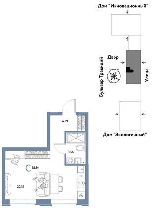 Планировка Студия, 28.3 м² ЖК «Микрорайон Домашний»