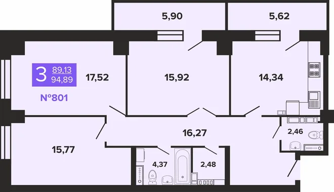 Планировка 3-комн. квартира, 94.89 м² ЖК «Художники» Планировка 3-комн. квартира, 94.89 м² ЖК «Художники»