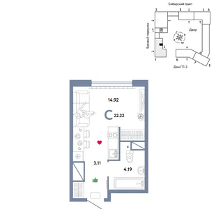 Планировка Студия, 22.22 м² ЖК «Сибирский сад»