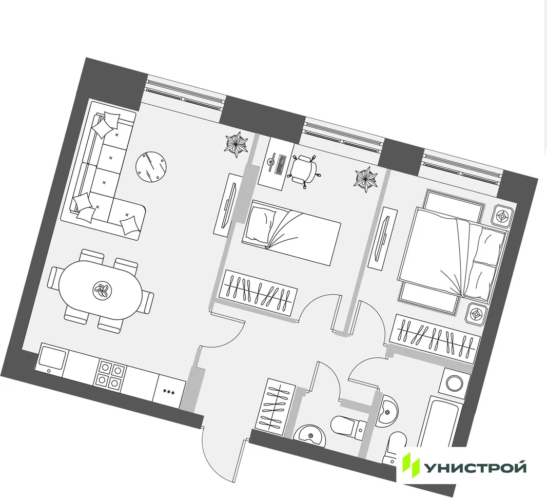 Планировка 2-комн. квартира, 57.93 м² ЖК «Уникум на Проспекте Победы»