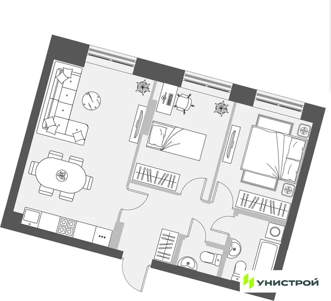 Планировка 2-комн. квартира, 57.93 м² ЖК «Уникум на Проспекте Победы» Планировка 2-комн. квартира, 57.93 м² ЖК «Уникум на Проспекте Победы»